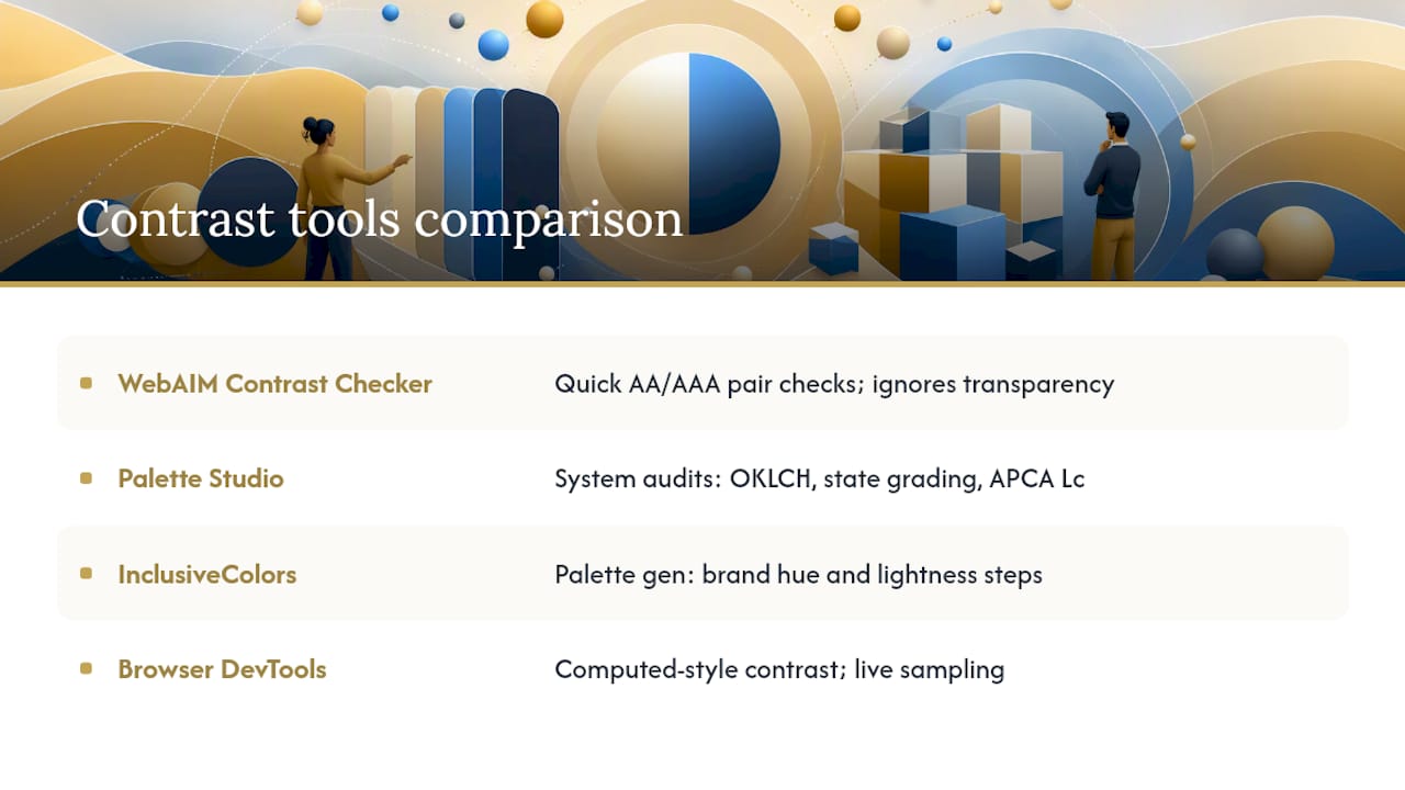 Diagram comparing key color contrast accessibility tools