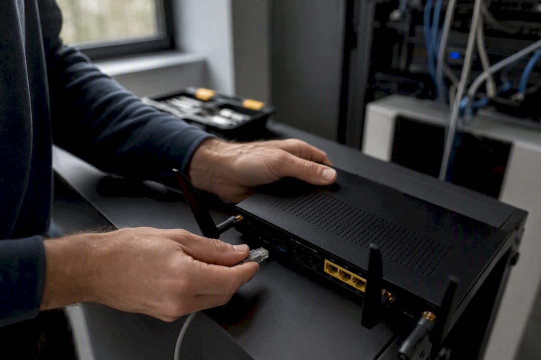 Hands unplugging network cable from router