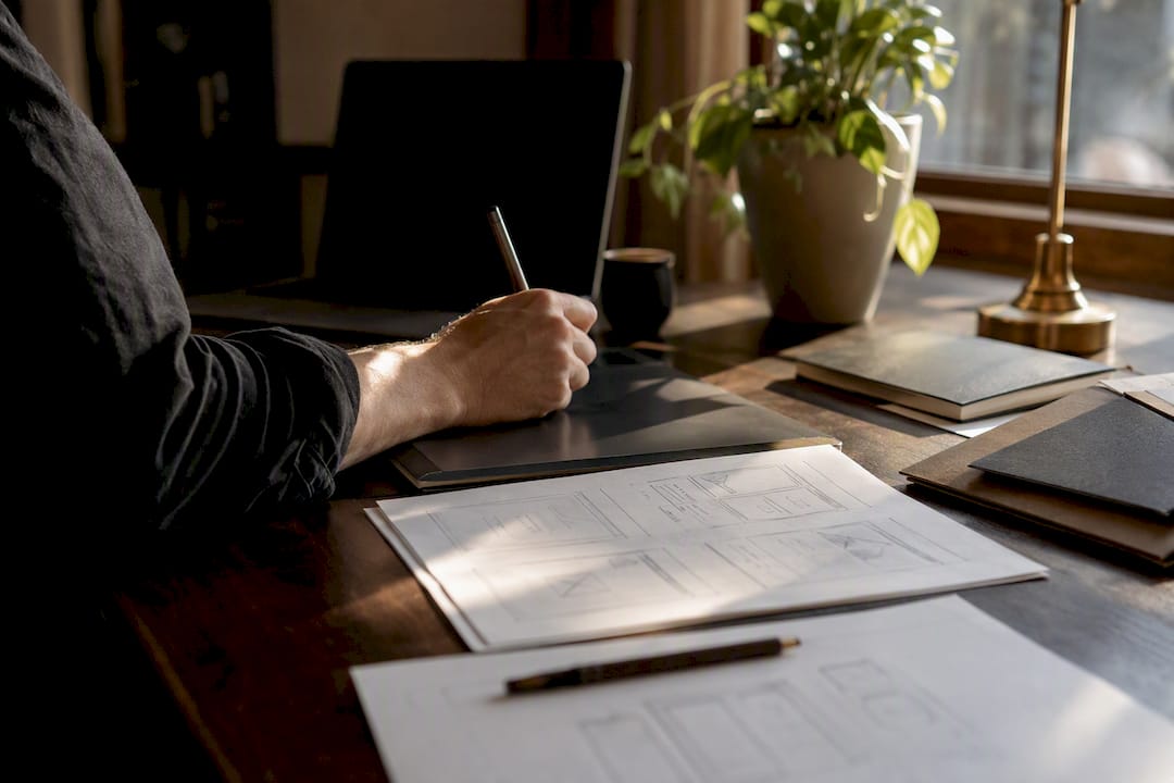 Hand with stylus over design tablet on desk