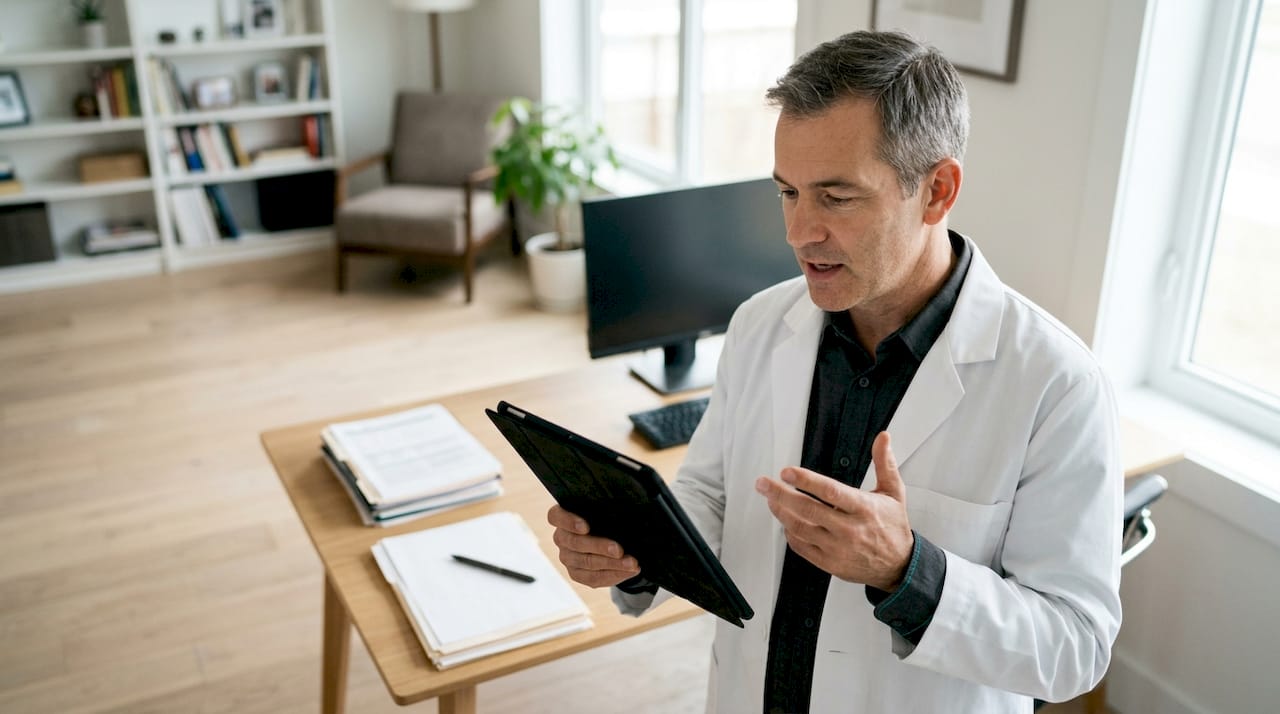 Un médico especializado en telemedicina explica a sus pacientes cómo funciona el consentimiento digital y cuáles son sus implicaciones.