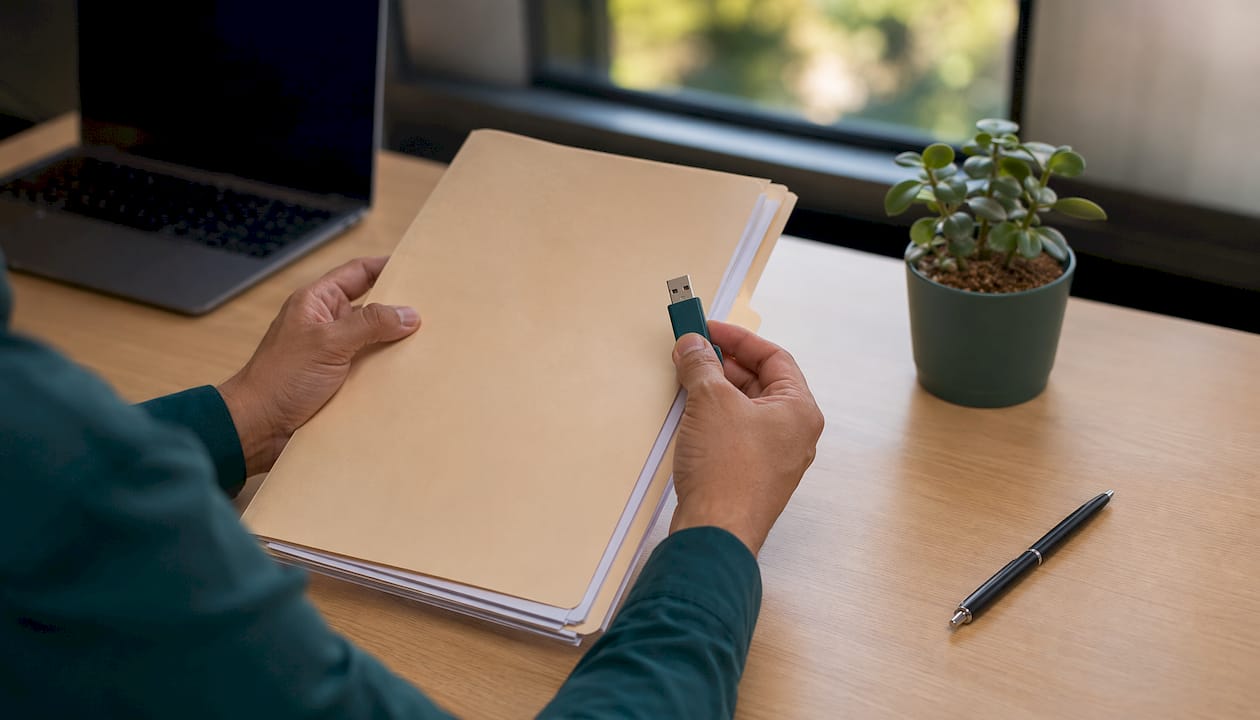 Unas manos sujetan una memoria USB y una carpeta con documentos médicos en papel.