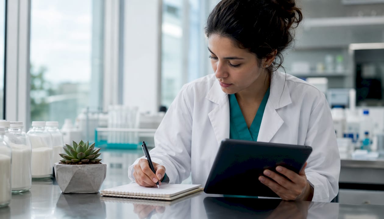 Doctora registrando información en su tablet y en un cuaderno durante la consulta