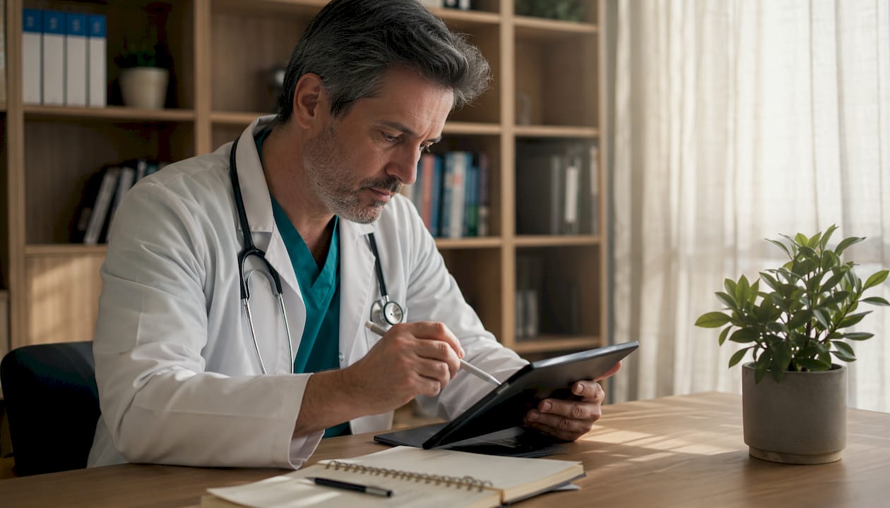 Un médico completa una historia clínica desde su tablet