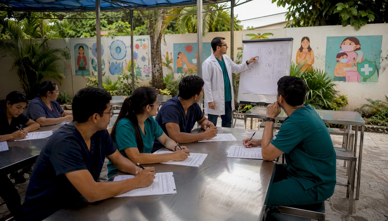Un grupo de estudiantes de Medicina revisa materiales de estudio durante una sesión de formación en el hospital.