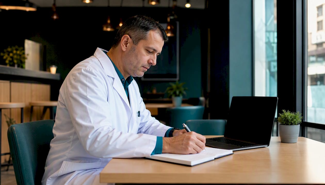Doctor ingresando los datos de los pacientes en su ordenador portátil