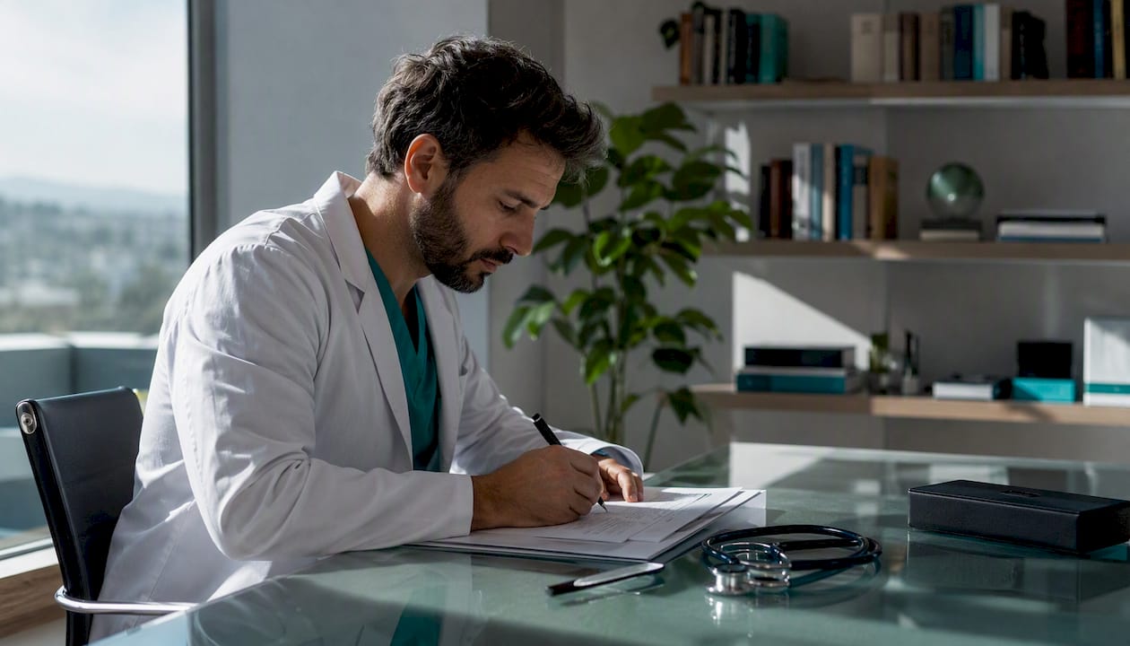 Manos escribiendo notas en una historia clínica en papel