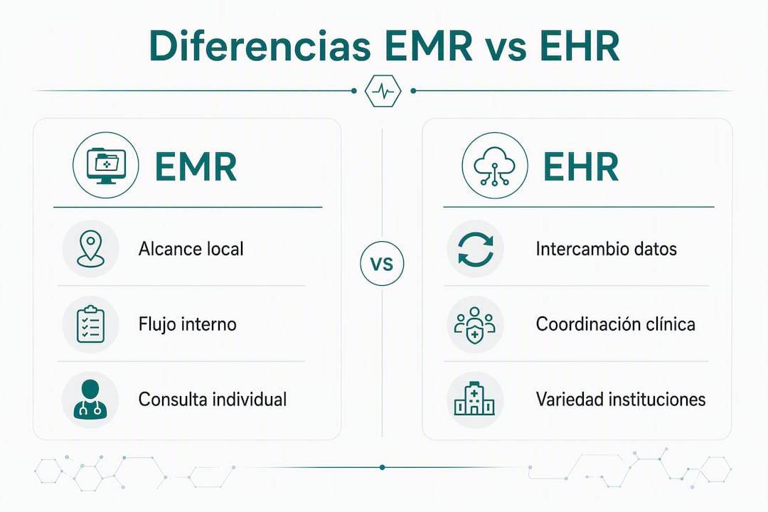 Infografía que destaca las diferencias entre EMR y EHR, resaltando sus principales características