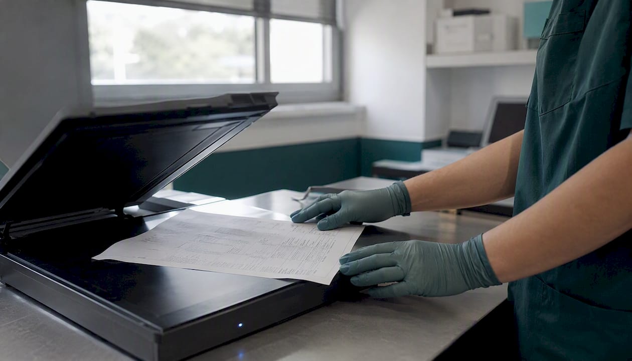 Unas manos digitalizan un informe médico dentro de una sala especializada.
