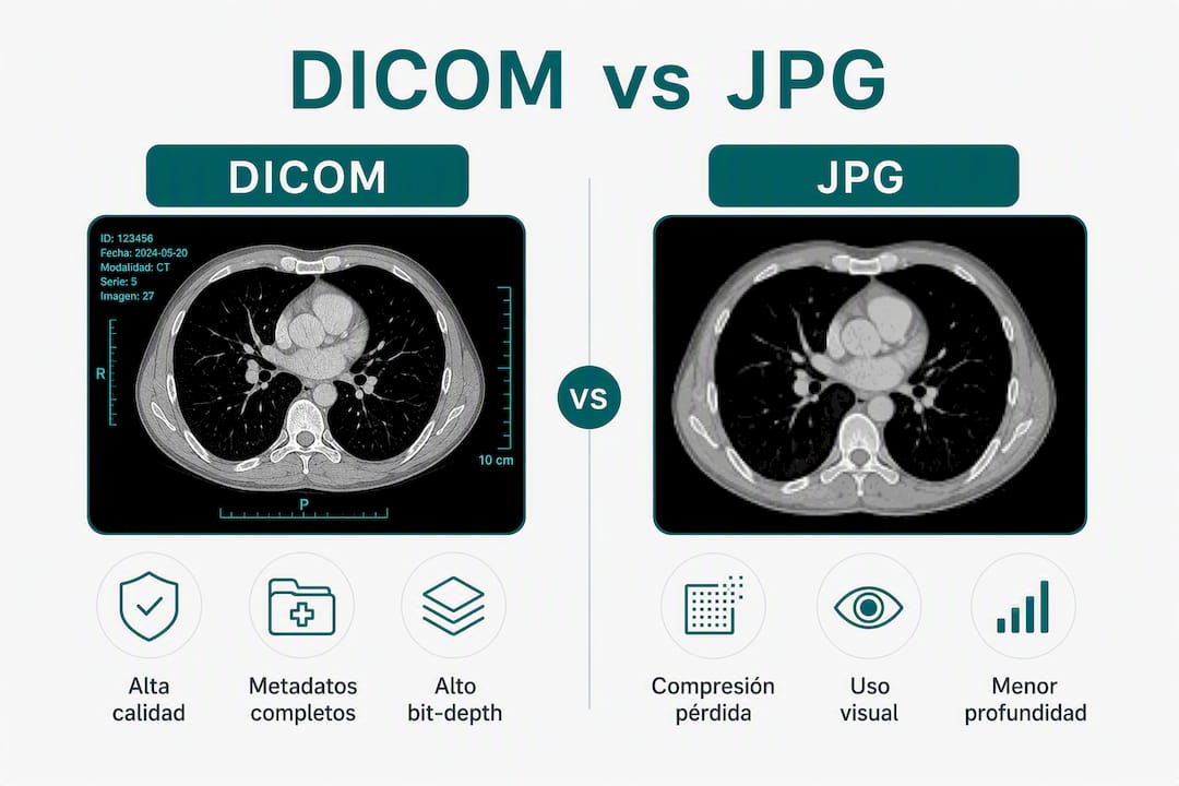 Comparativa visual entre los formatos DICOM y JPG