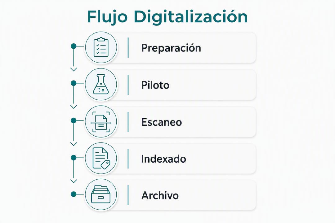 Infografía con el proceso paso a paso para digitalizar archivos