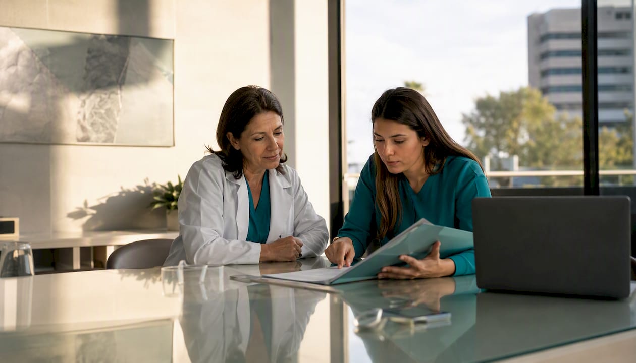 El médico y la secretaria conversan sobre el registro centralizado de datos.