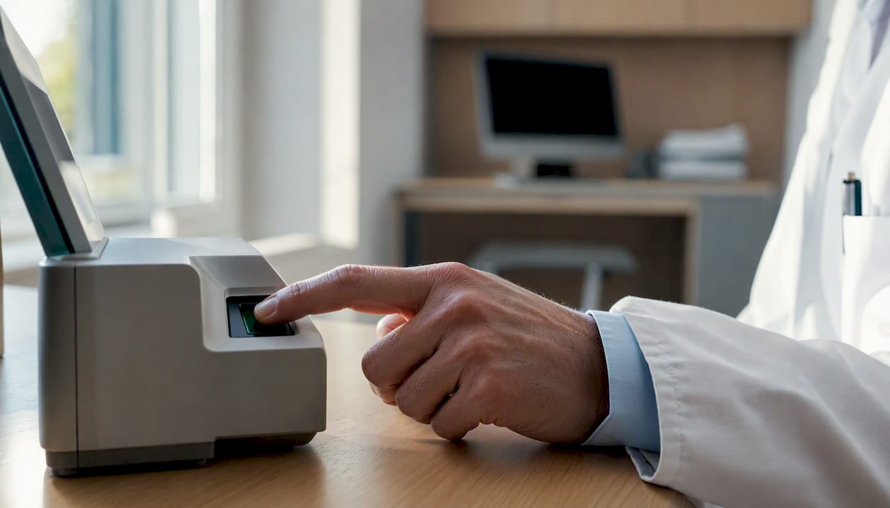 Uso de un dispositivo biométrico de seguridad con la mano en un consultorio médico