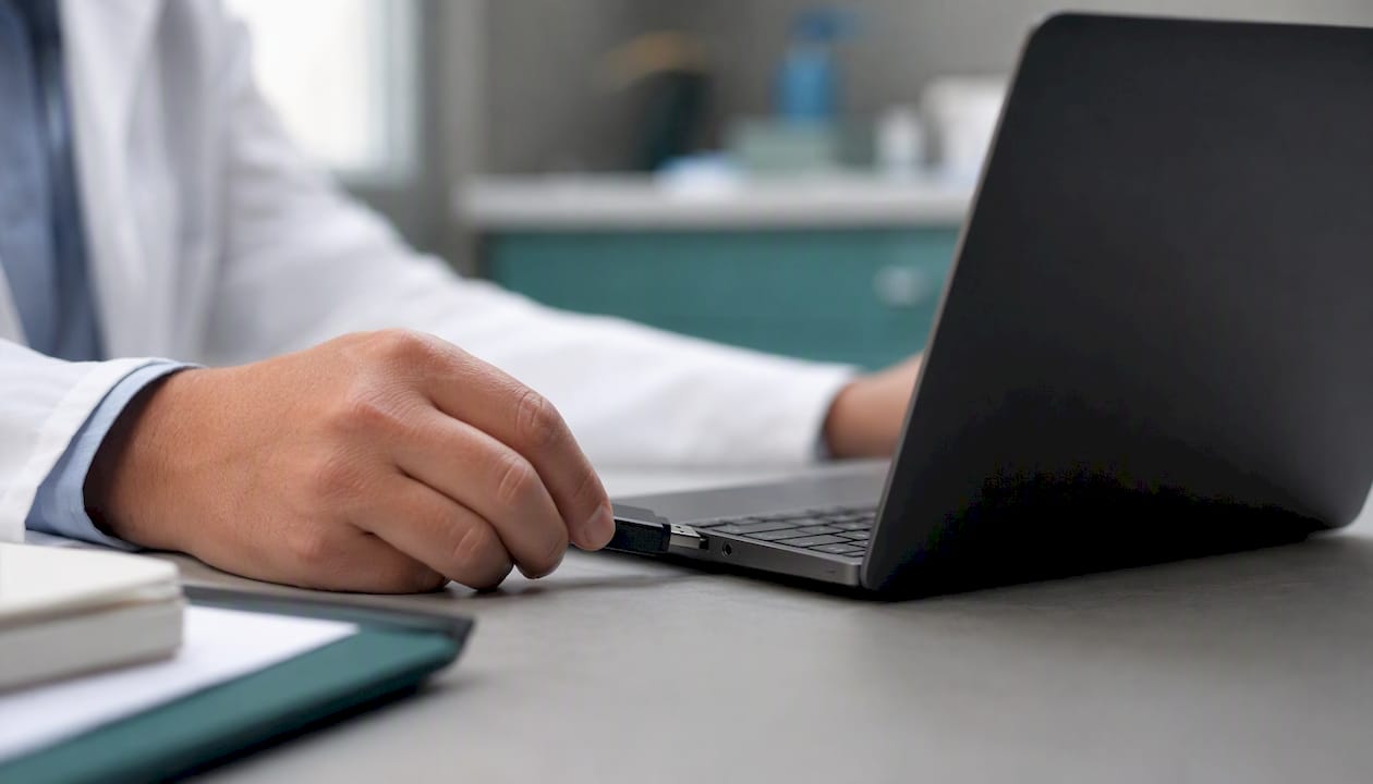 Una mano conecta una memoria USB en un consultorio médico.