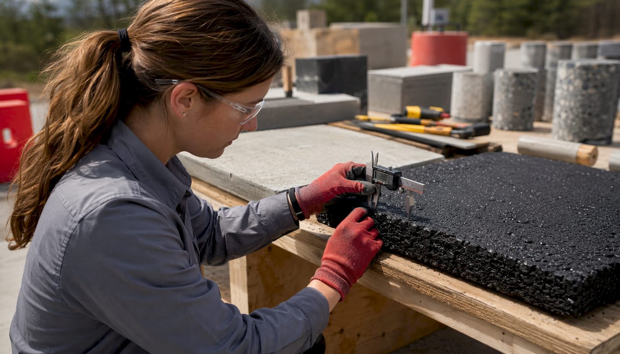 Hands measuring concrete slab next to asphalt sample