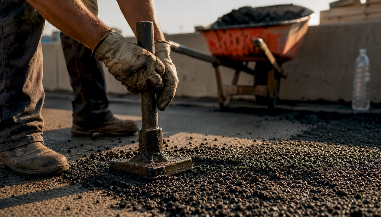 Hands compacting fresh asphalt on parking lot surface
