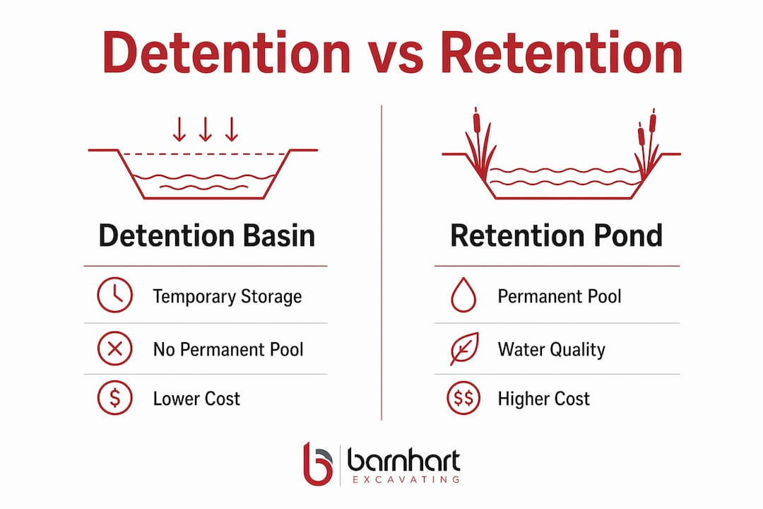 Infographic comparing detention basin and retention pond