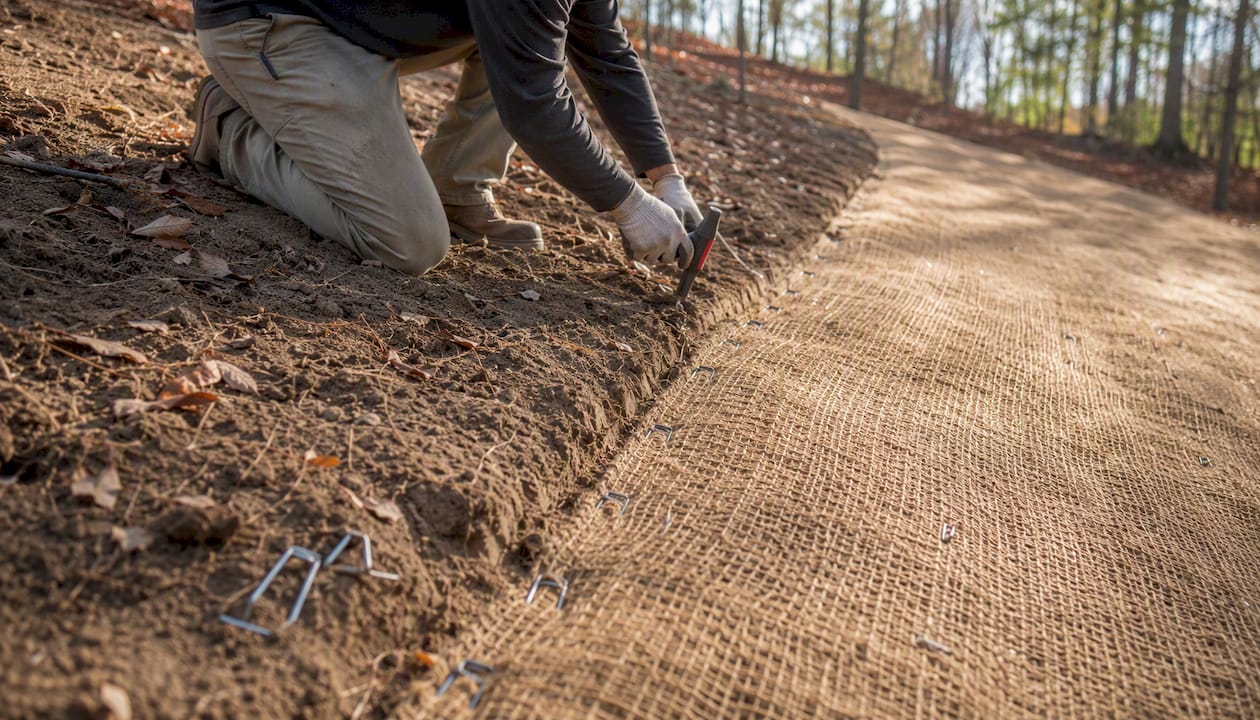 Close-up of erosion blanket trench and staples in soil