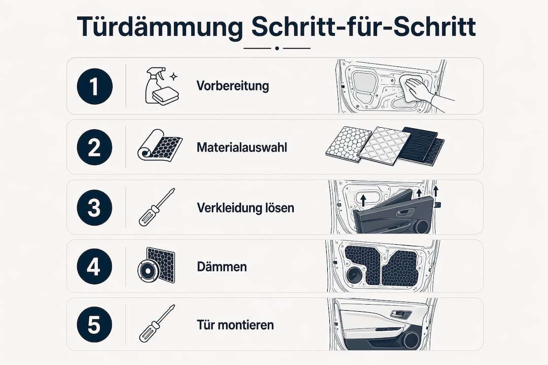 Die Infografik veranschaulicht Schritt für Schritt, wie eine Autotür gedämmt wird.
