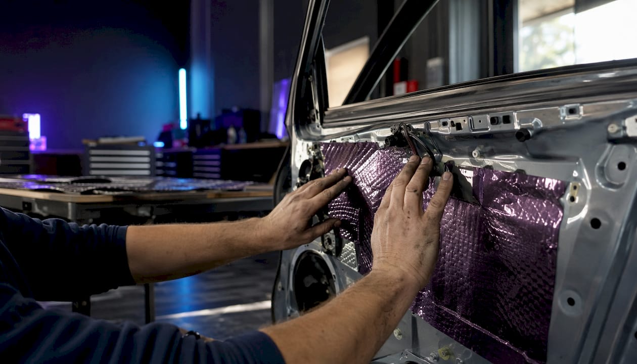 Hände beim Anbringen von Dämmmaterial an einer Autotür