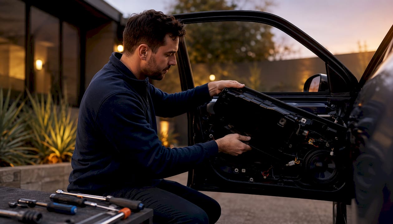 Ein Fachmann demontiert die Türverkleidung eines Autos fachgerecht und mit größter Sorgfalt.