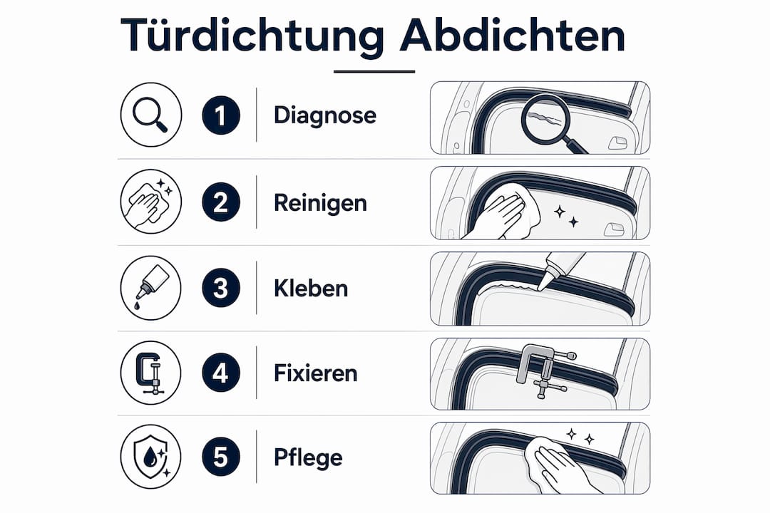 Schritt-für-Schritt-Anleitung: So dichten Sie Ihre Tür richtig ab – anschaulich erklärt in einer Infografik.