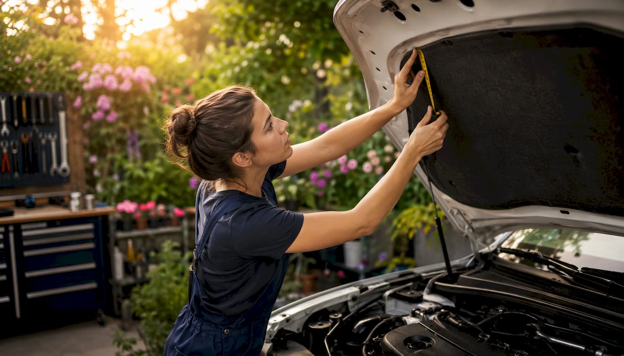 Eine Mechanikerin befestigt eine Dämmmatte an der Innenseite der Motorhaube.