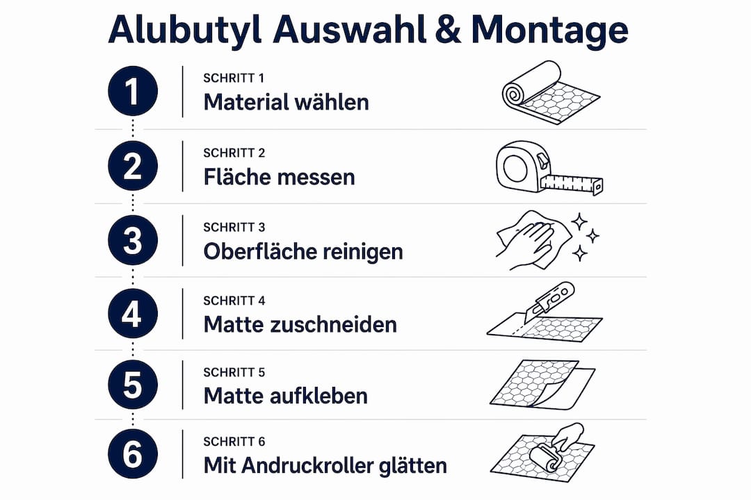 Übersichtsgrafik zu Auswahl und Einbau von Alubutyl: Die wichtigsten Schritte auf einen Blick