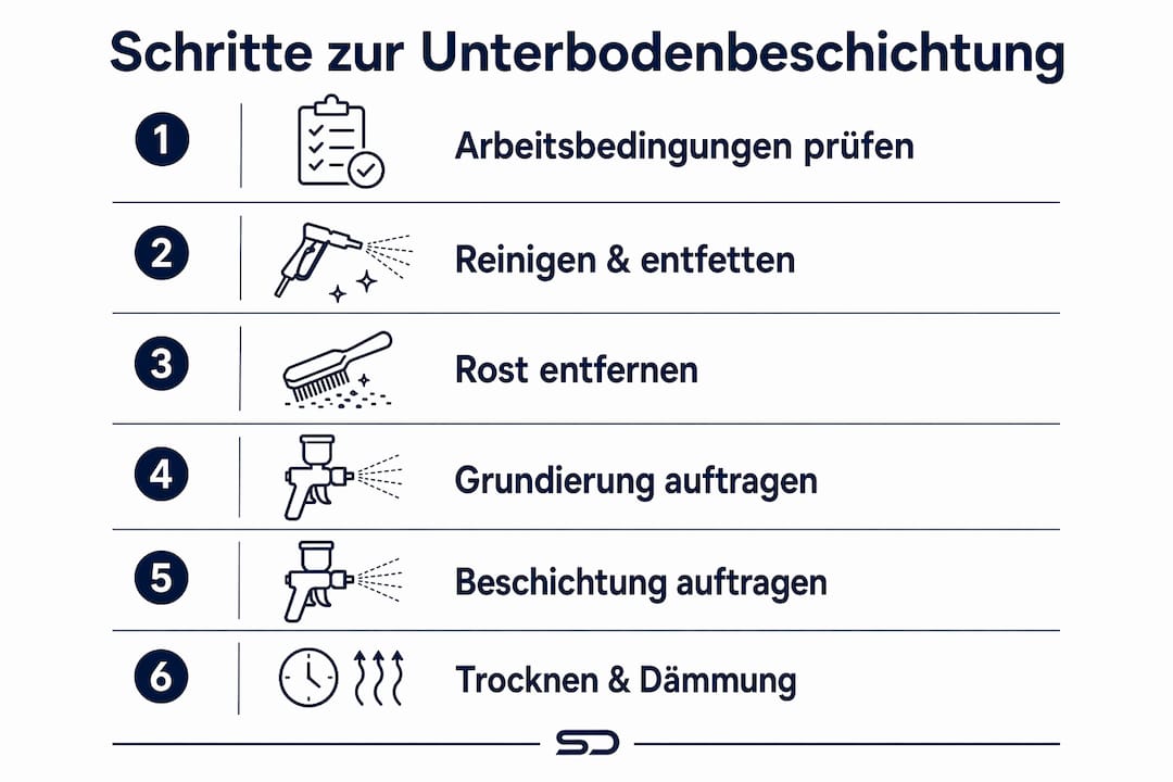 Diese Infografik veranschaulicht die einzelnen Arbeitsschritte bei der Unterbodenbeschichtung.