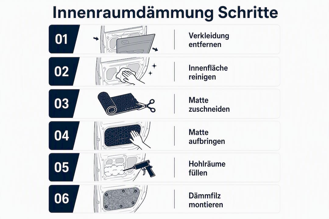 Schritt-für-Schritt-Anleitung zur effektiven Schalldämmung im Fahrzeuginnenraum – als übersichtliche Infografik
