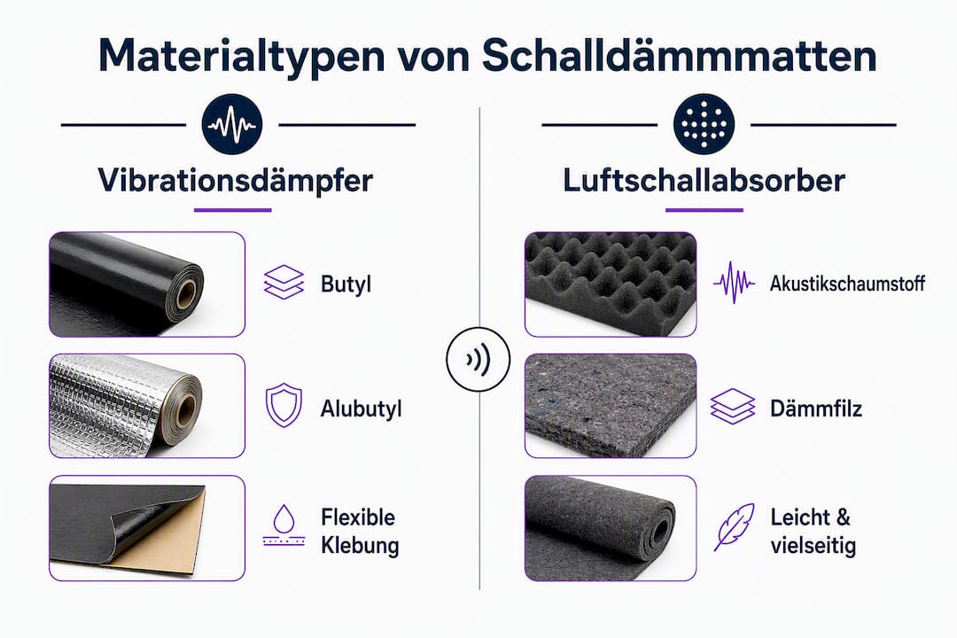 Übersichtsgrafik: Verschiedene Materialien für Schalldämmmatten im Vergleich