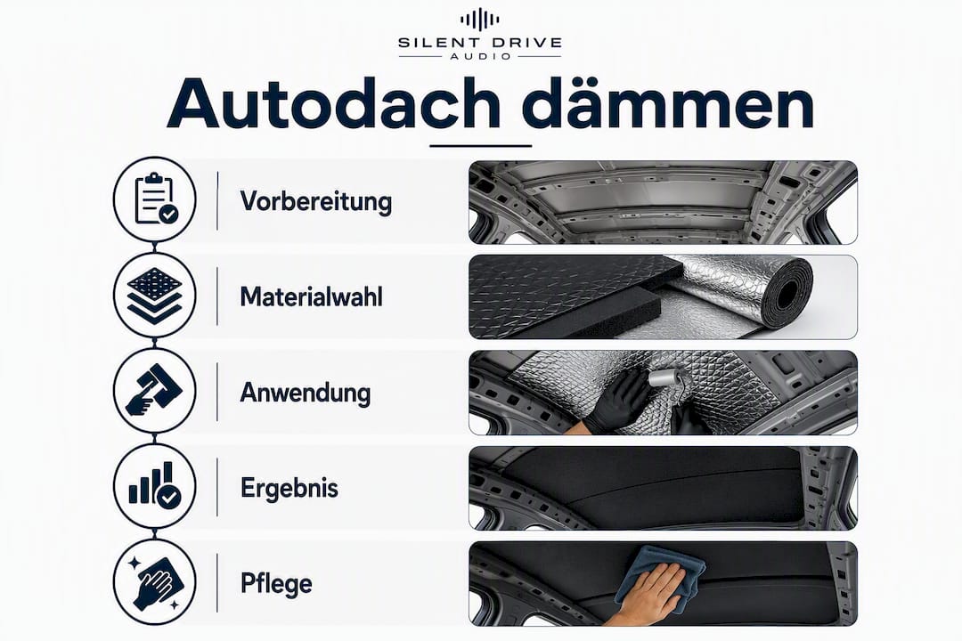 Grafische Übersicht: Die einzelnen Schritte der Dachdämmung beim Auto