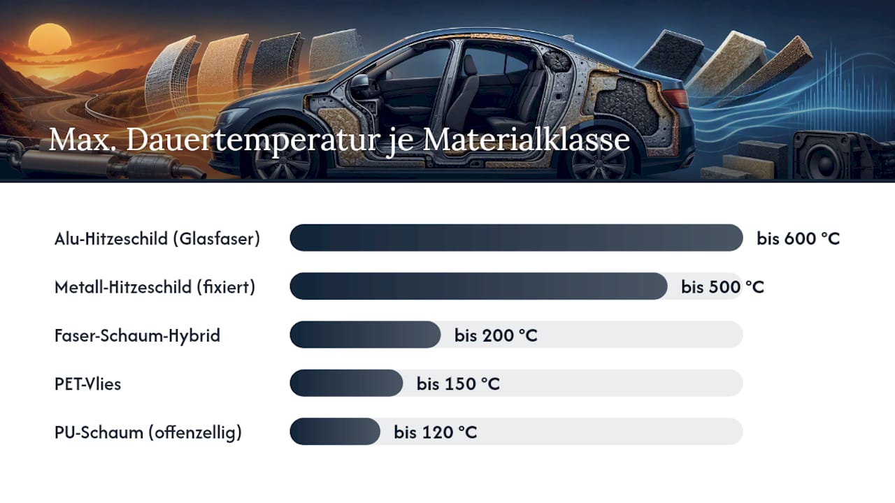 Übersichtsgrafik: Vergleich verschiedener Werkstoffklassen, deren Temperaturbeständigkeit und typische Einsatzgebiete