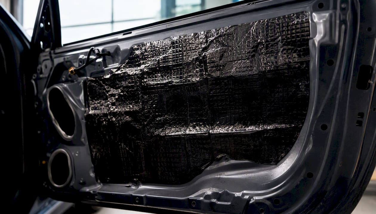 Innenverkleidung einer Autotür mit Aluminium-Butyl-Dämmung