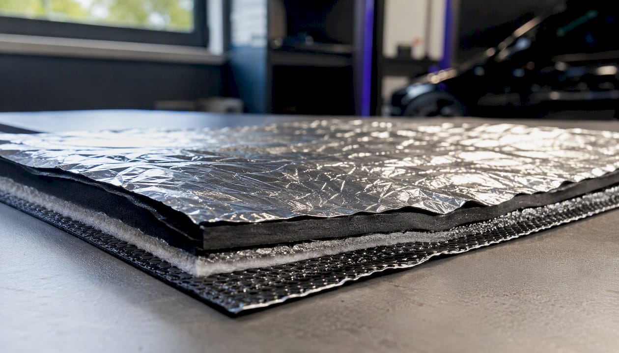 Detailaufnahme einer mehrlagigen Isoliermatte aus Aluminium-Verbundmaterial