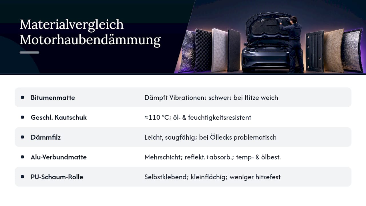Übersicht: Vergleich verschiedener Dämmmaterialien für Motorhauben