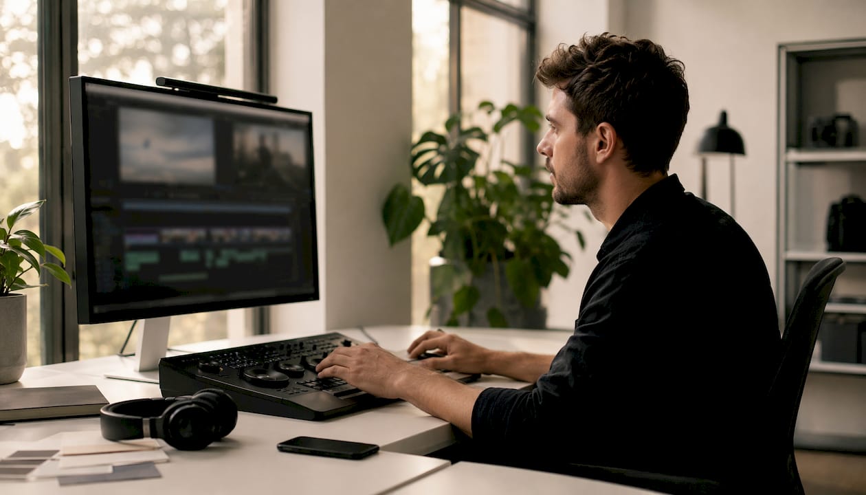 Video editor working in agency post-production room