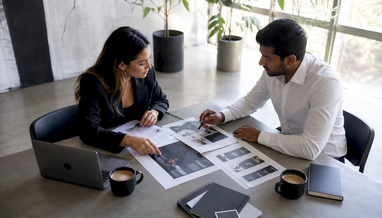 Brand team discussing music licensing plans in café