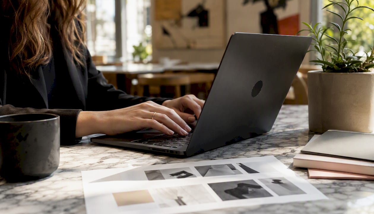 Hands typing video brief template in office