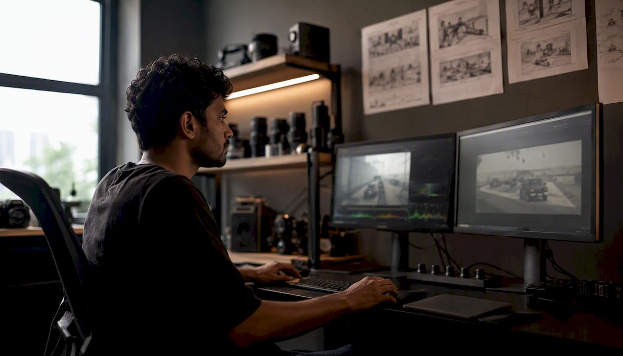 Colorist reviewing VFX plates in finishing room