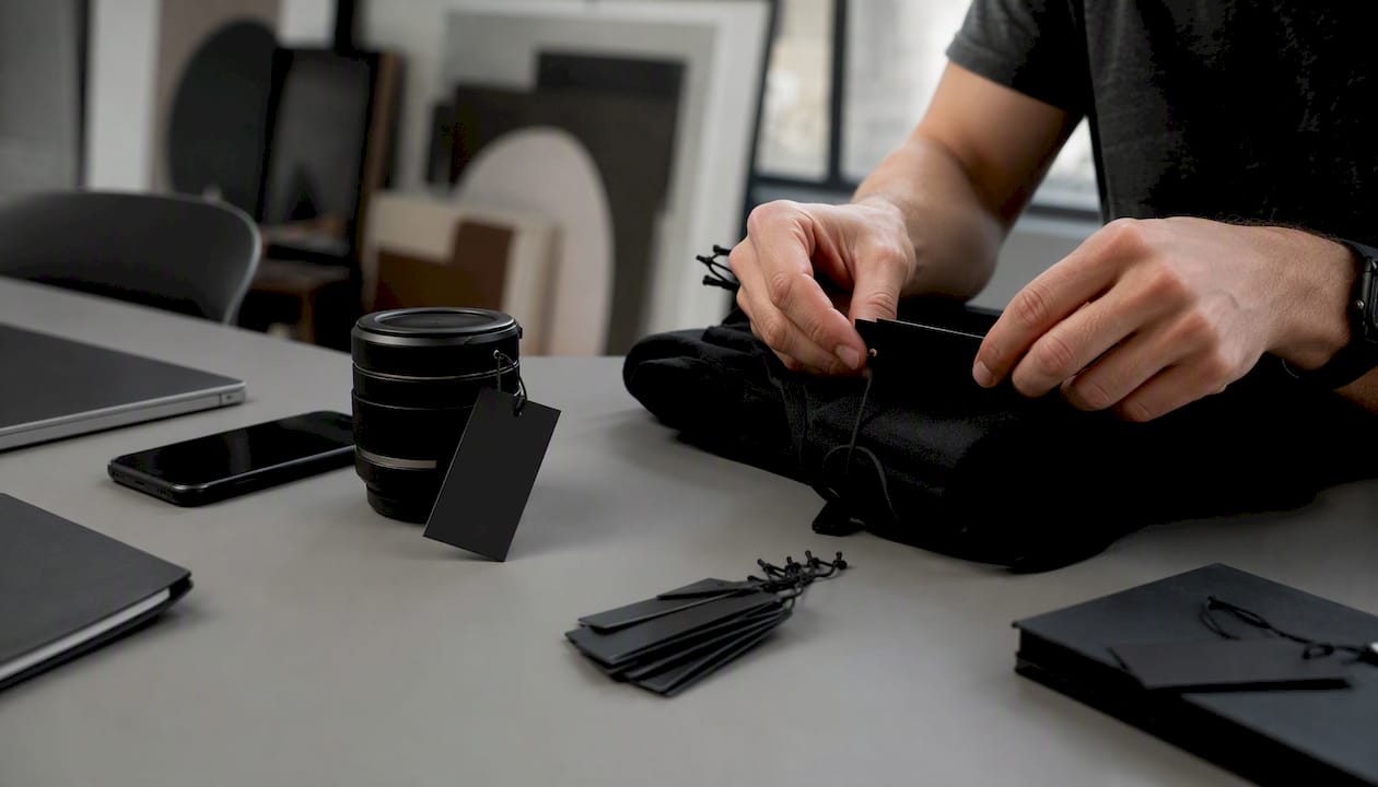 Hands tagging media assets in minimalist studio