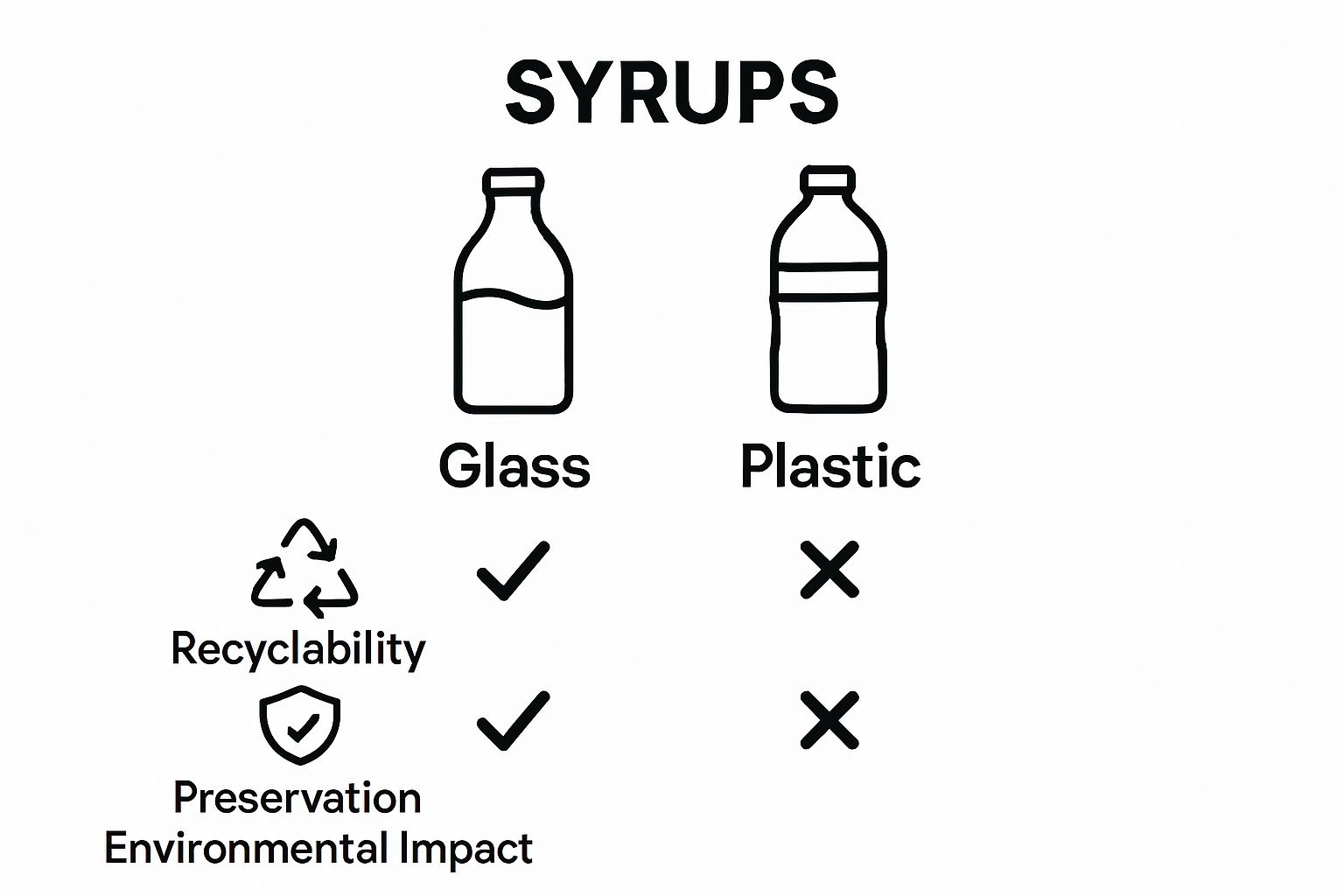 Infographic comparing glass and plastic syrup bottles for recyclability, preservation, and environmental impact