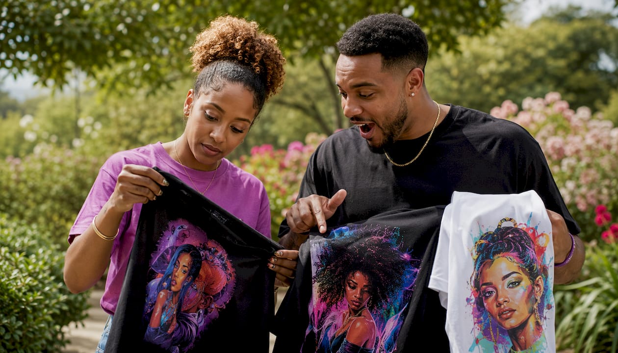 Hands inspecting different custom t-shirt printing methods