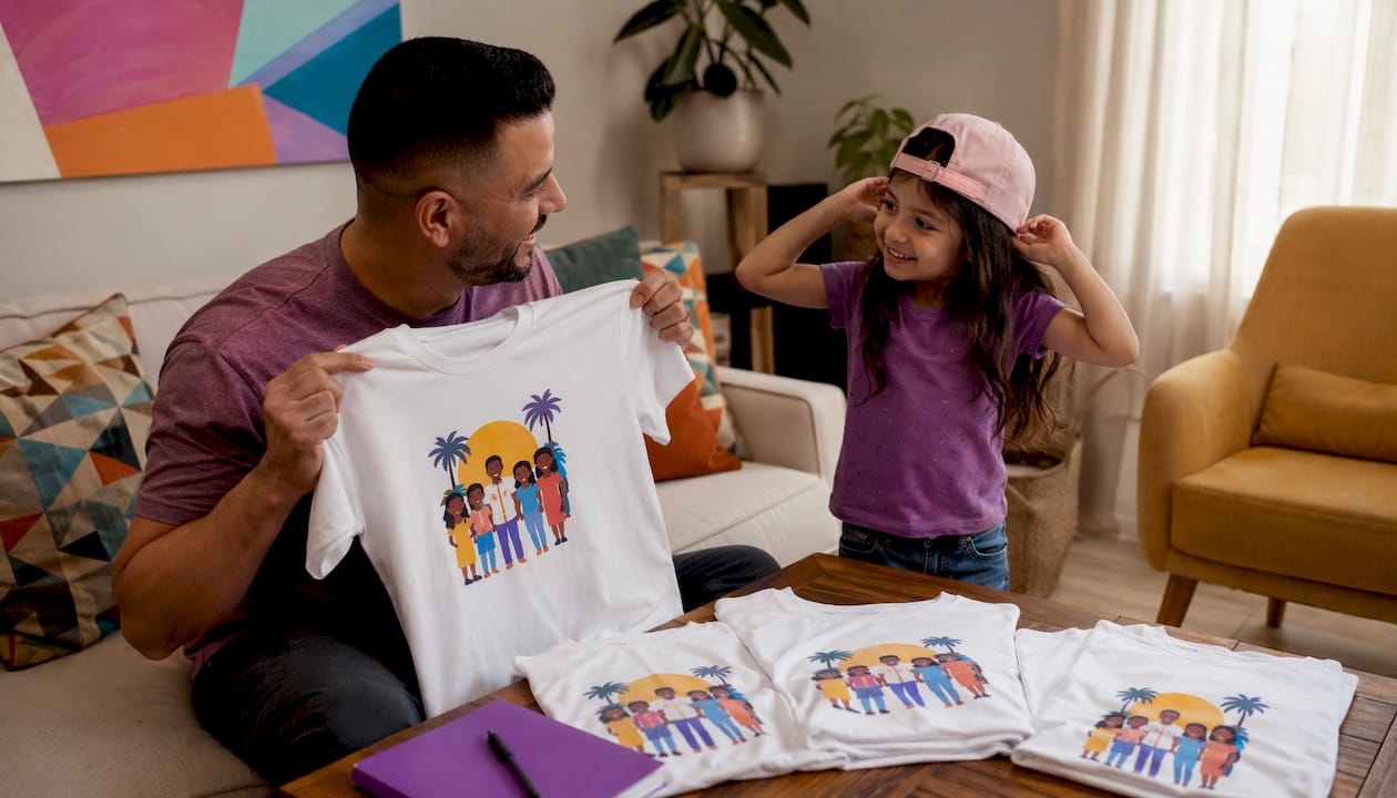 Father and daughter sizing reunion t-shirts at kitchen table