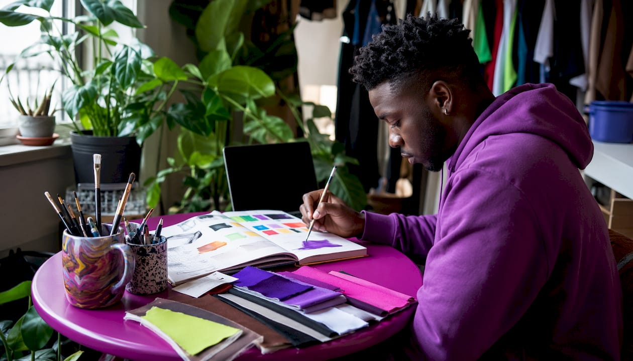 Man planning t-shirt provider choice at café table