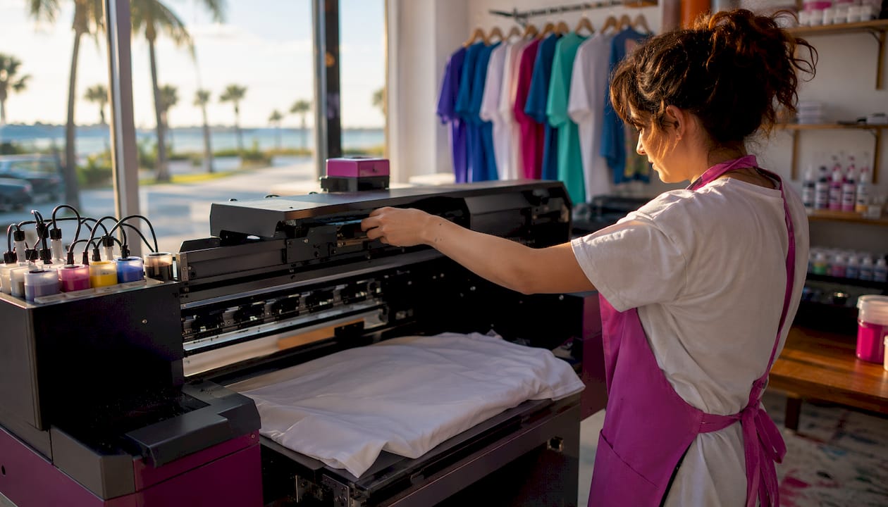 Hands operating DTF printer on cotton shirt