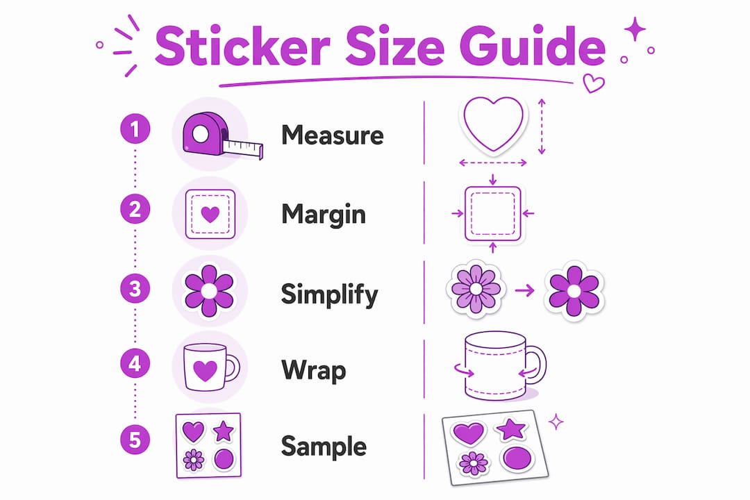 Infographic illustrating vinyl sticker sizing steps