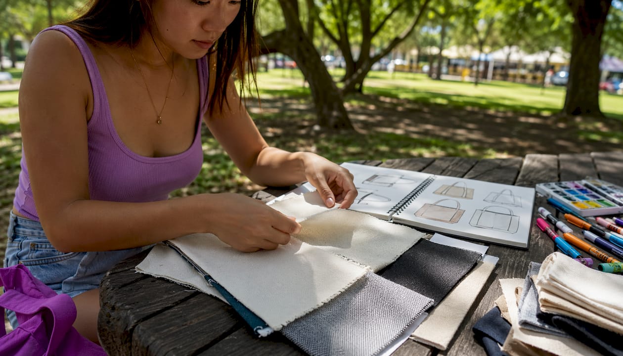 Hands examining tote bag material swatches
