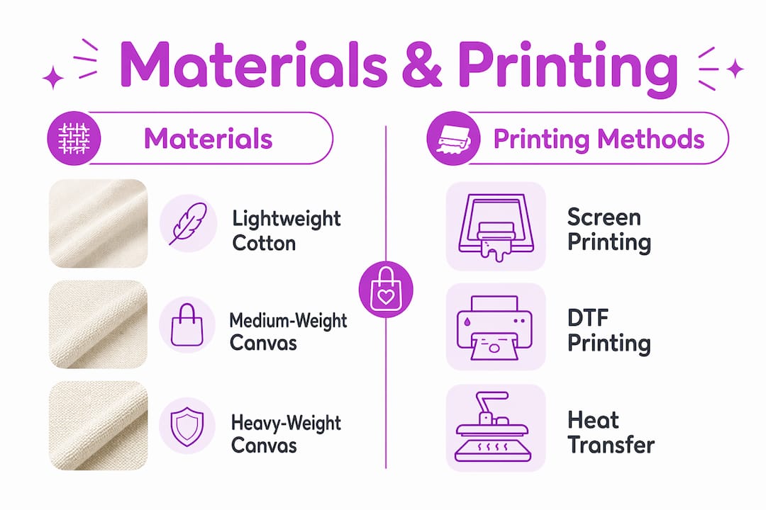 Infographic comparing tote bag materials and printing methods