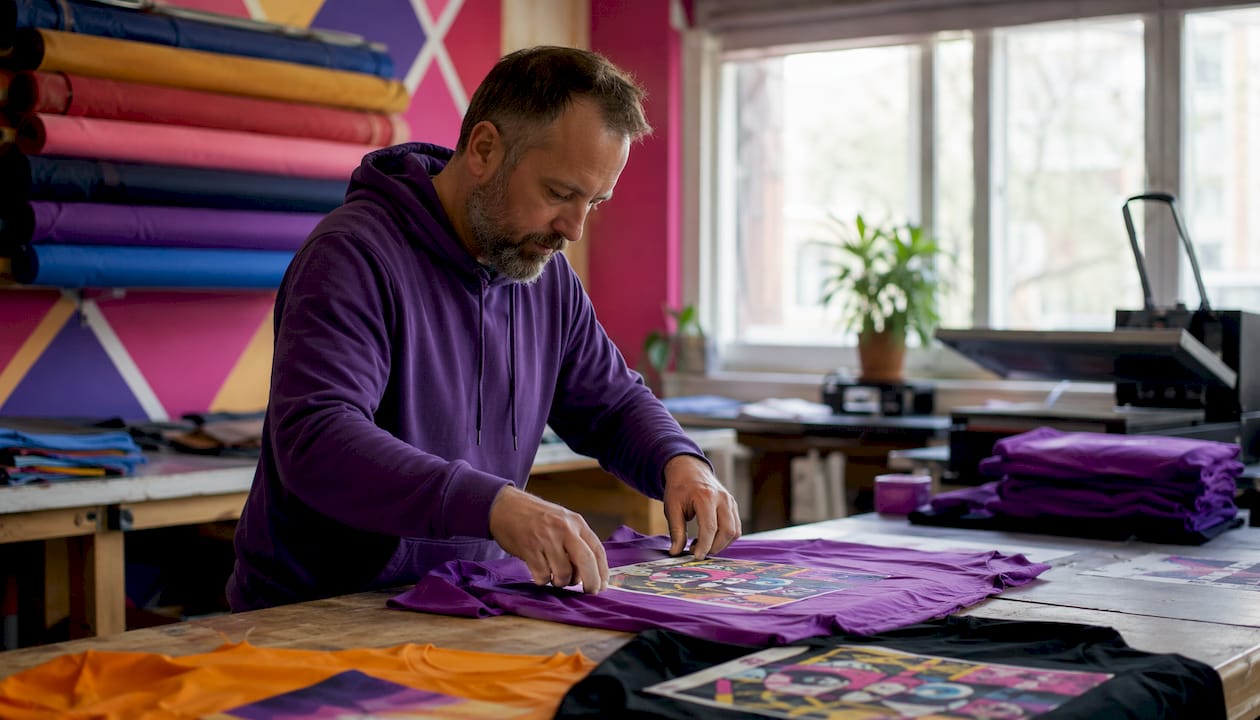 Hands preparing custom cotton shirt in print shop