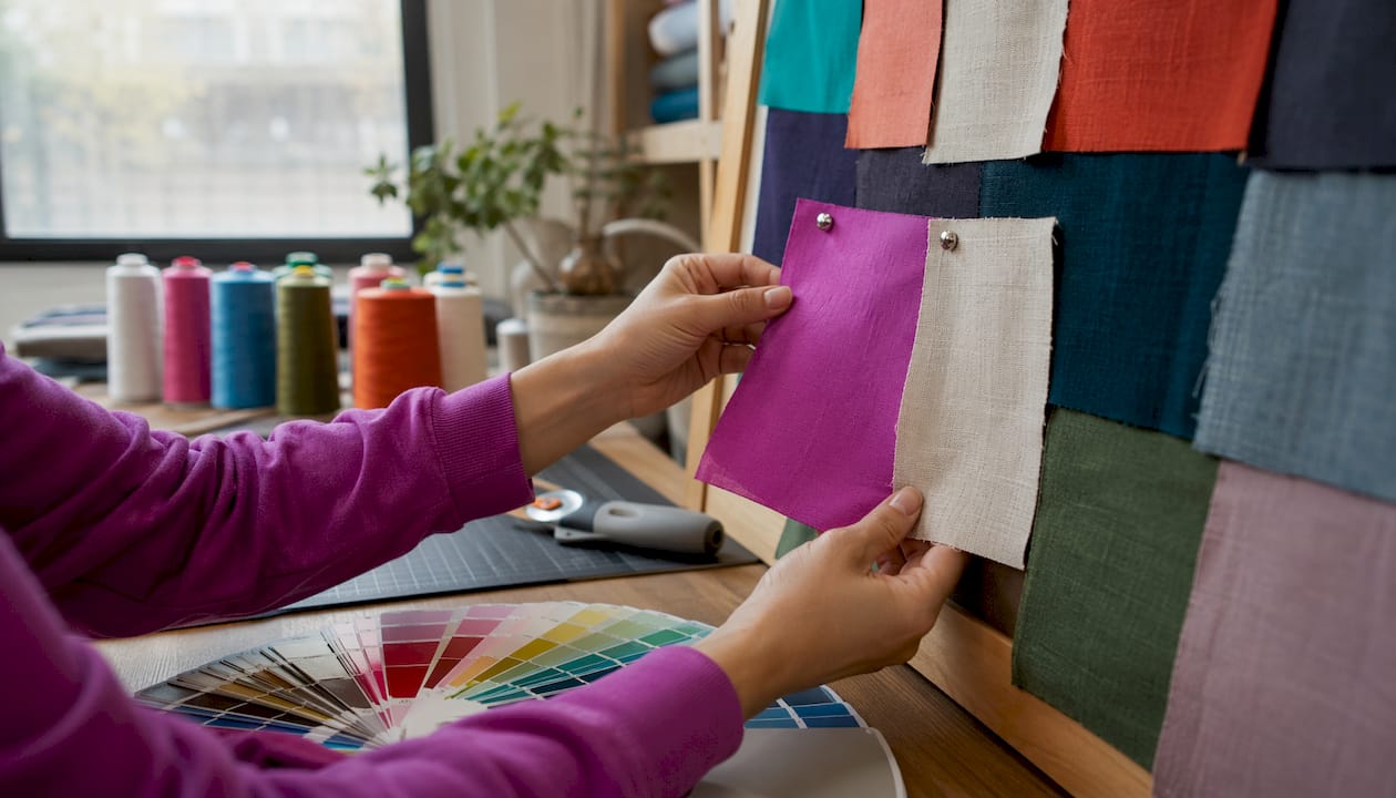 Hand holding fabric swatches for DTG and DTF